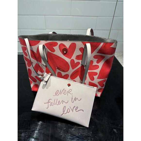 Kate Spade New York Molly Ever Fallen Large Tote Bag Heart Print, Pouch Pink Red - Picture 6 of 8